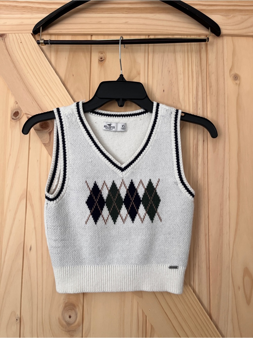 Hollister Argyle Sweater Vest Cream Preppy Knit V Neck Women’s XS